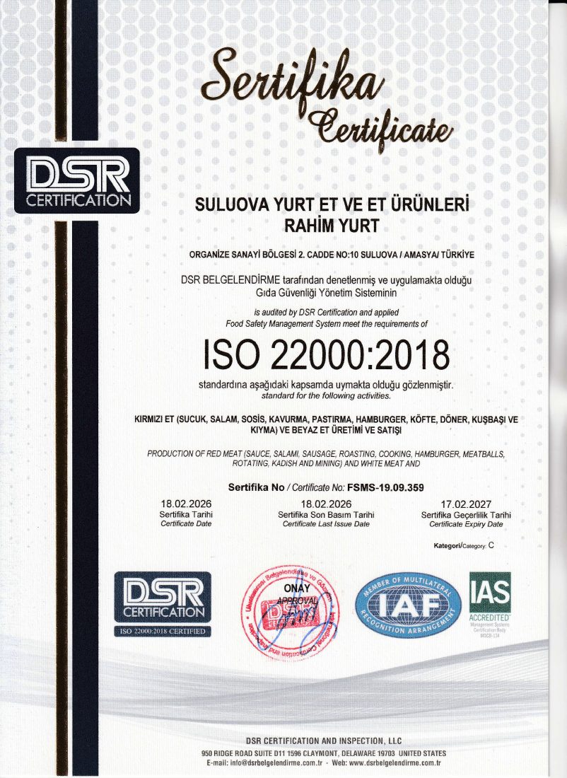ISO 22000:2018 Gıda Güvenliği Yönetim Sistemi sertifikası