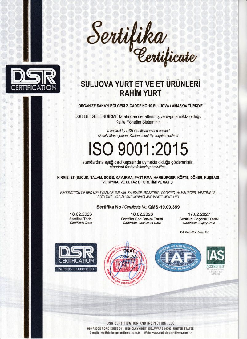 ISO 9001:2015 Kalite Yönetim Sistemi sertifikası